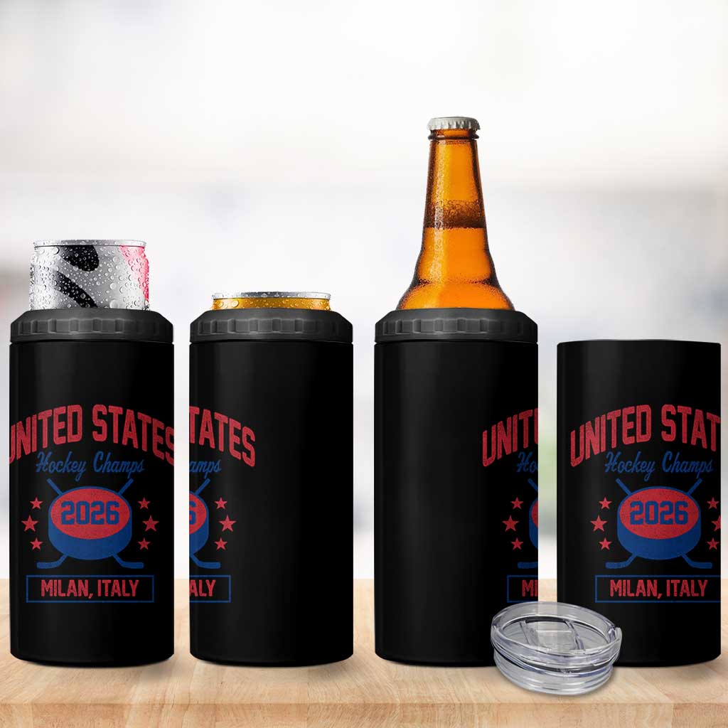 United States Hockey Champs 2026 Milan Italy 4 in 1 Can Cooler Tumbler Patriotic USA Gold Medal Winter Games Fan