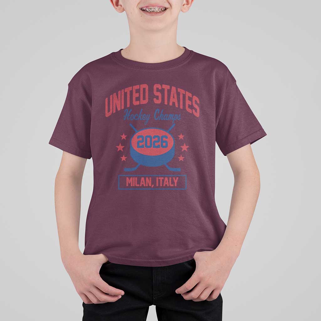 United States Hockey Champs 2026 Milan Italy T Shirt For Kid Patriotic USA Gold Medal Winter Games Fan