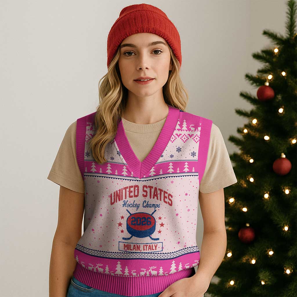 United States Hockey Champs 2026 Milan Italy V-Neck Knit Sweater Vest Patriotic USA Gold Medal Winter Games Fan