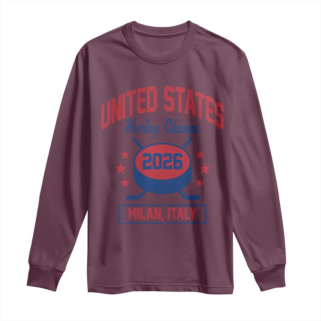 United States Hockey Champs 2026 Milan Italy Long Sleeve Shirt Patriotic USA Gold Medal Winter Games Fan