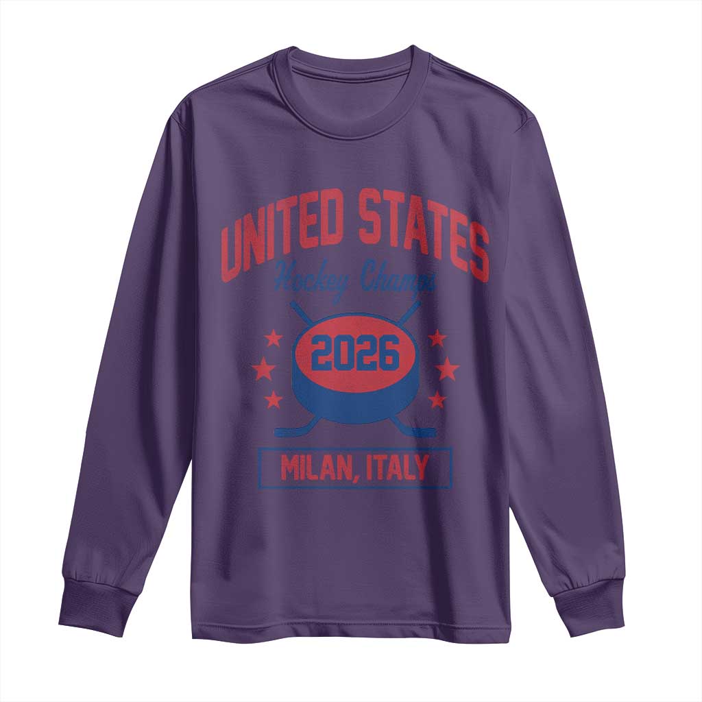 United States Hockey Champs 2026 Milan Italy Long Sleeve Shirt Patriotic USA Gold Medal Winter Games Fan