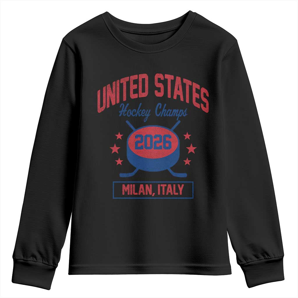 United States Hockey Champs 2026 Milan Italy Youth Sweatshirt Patriotic USA Gold Medal Winter Games Fan