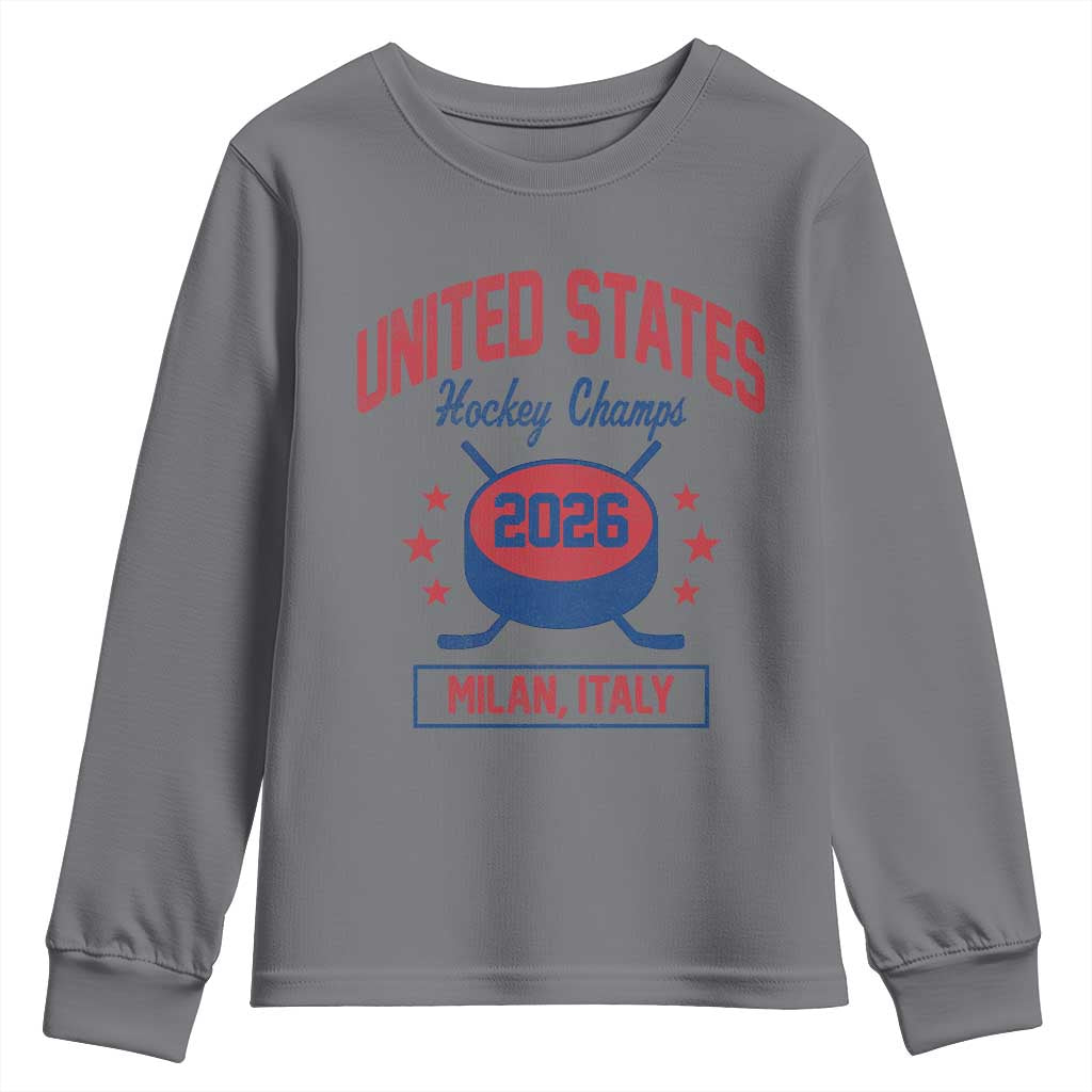 United States Hockey Champs 2026 Milan Italy Youth Sweatshirt Patriotic USA Gold Medal Winter Games Fan