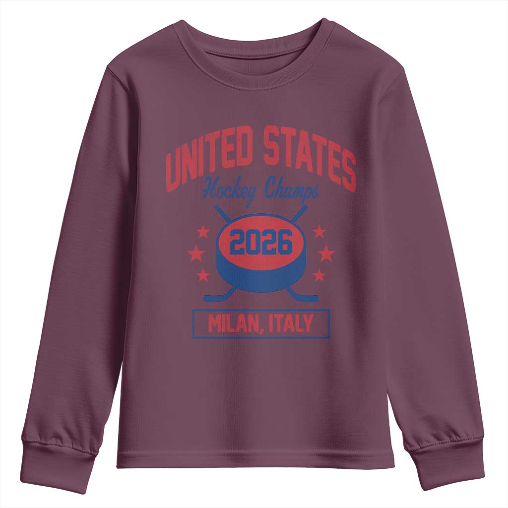 United States Hockey Champs 2026 Milan Italy Youth Sweatshirt Patriotic USA Gold Medal Winter Games Fan