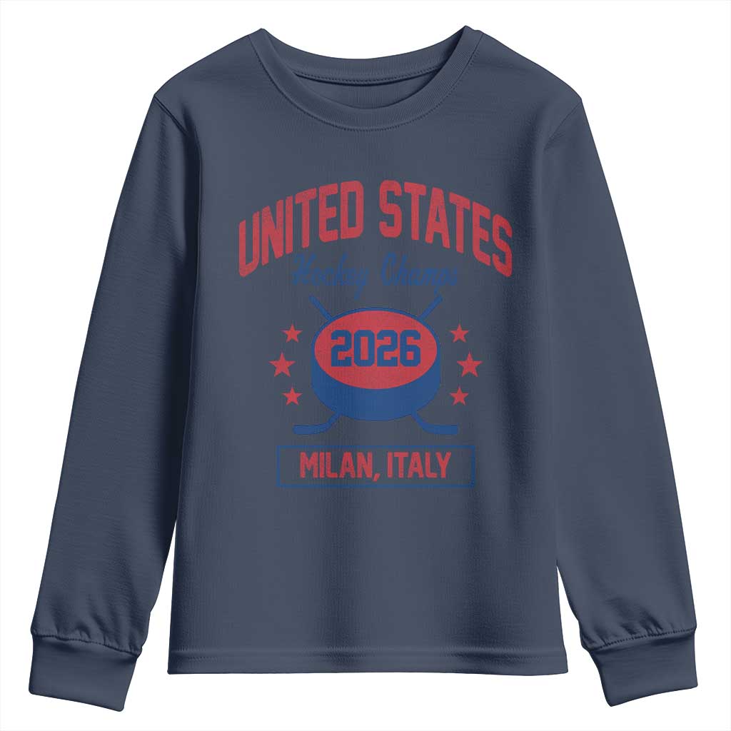 United States Hockey Champs 2026 Milan Italy Youth Sweatshirt Patriotic USA Gold Medal Winter Games Fan