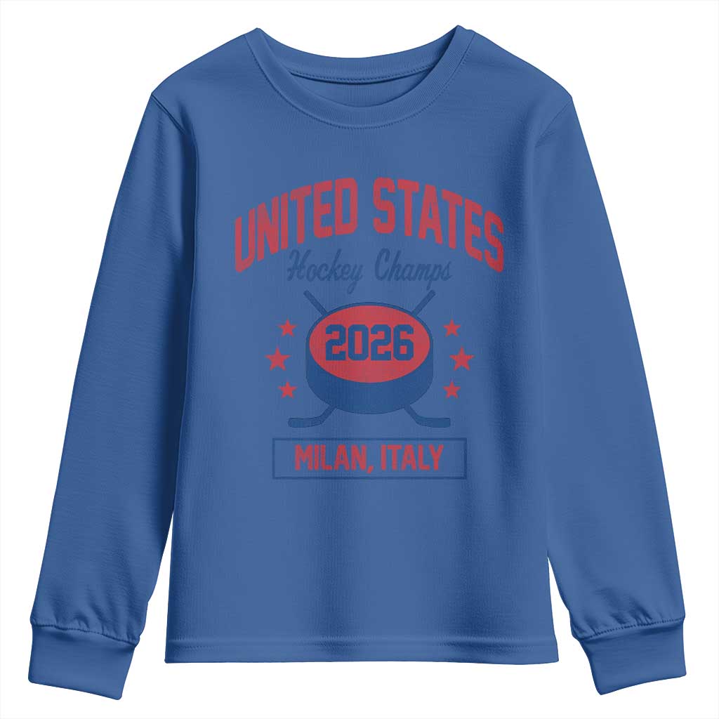 United States Hockey Champs 2026 Milan Italy Youth Sweatshirt Patriotic USA Gold Medal Winter Games Fan