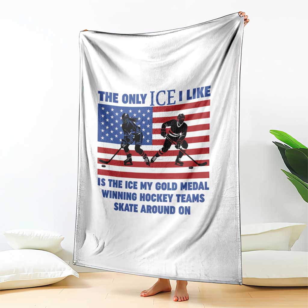 USA Gold Medal Hockey Patriotic American Flag Throw Blanket The Only Ice I Like Champions