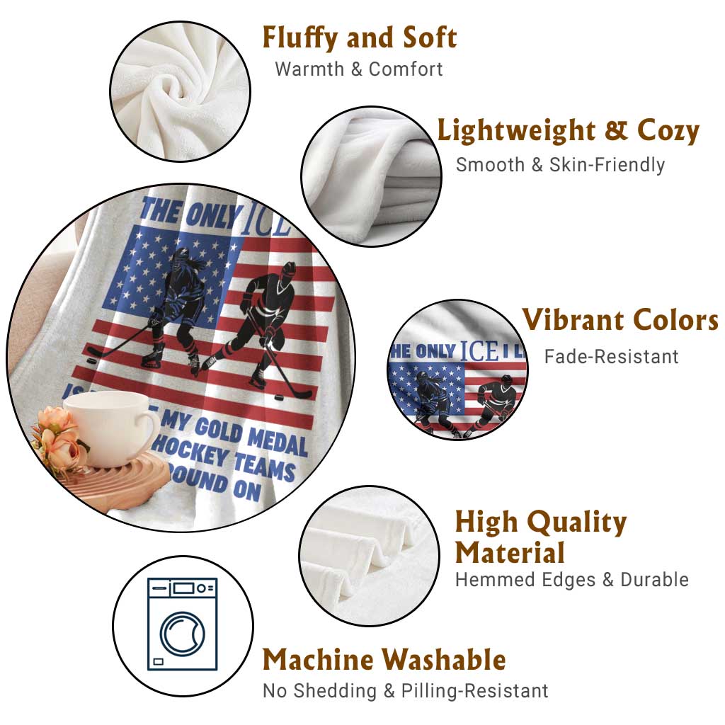 USA Gold Medal Hockey Patriotic American Flag Throw Blanket The Only Ice I Like Champions
