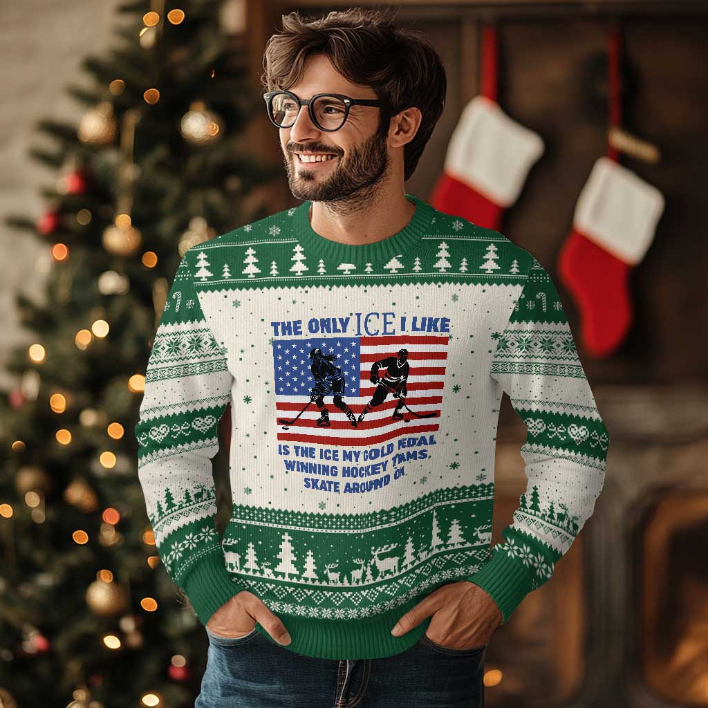 USA Gold Medal Hockey Patriotic American Flag Ugly Christmas Sweater The Only Ice I Like Champions