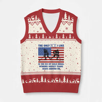 USA Gold Medal Hockey Patriotic American Flag V-Neck Knit Sweater Vest The Only Ice I Like Champions