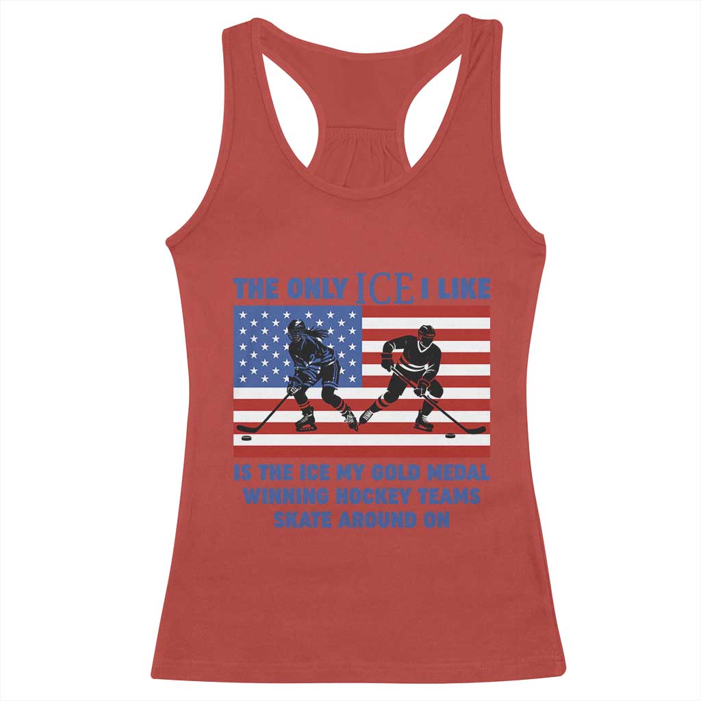 USA Gold Medal Hockey Patriotic American Flag Racerback Tank Top The Only Ice I Like Champions