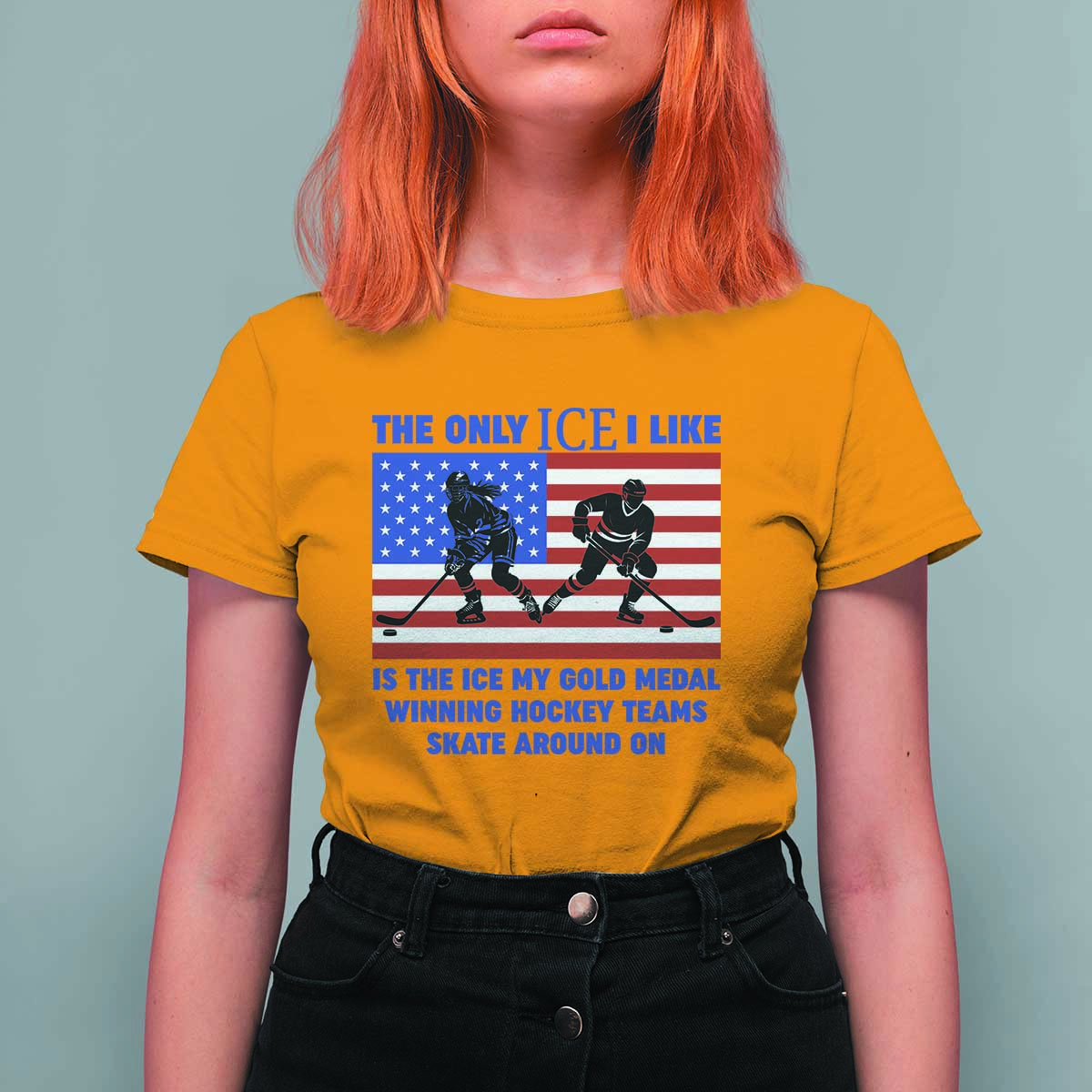 USA Gold Medal Hockey Patriotic American Flag T Shirt For Women The Only Ice I Like Champions
