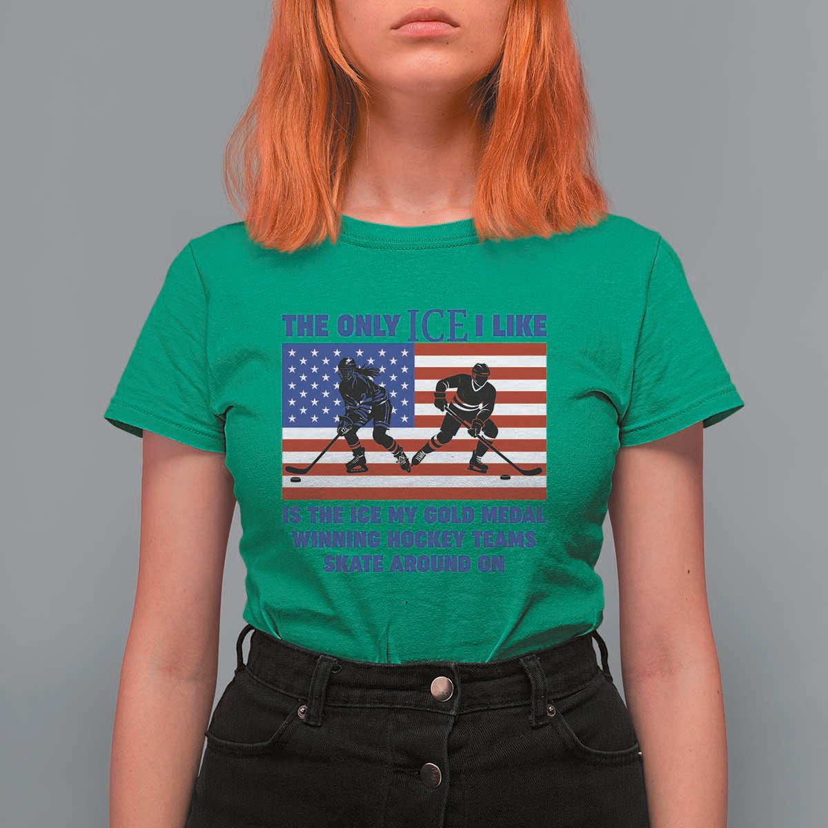 USA Gold Medal Hockey Patriotic American Flag T Shirt For Women The Only Ice I Like Champions