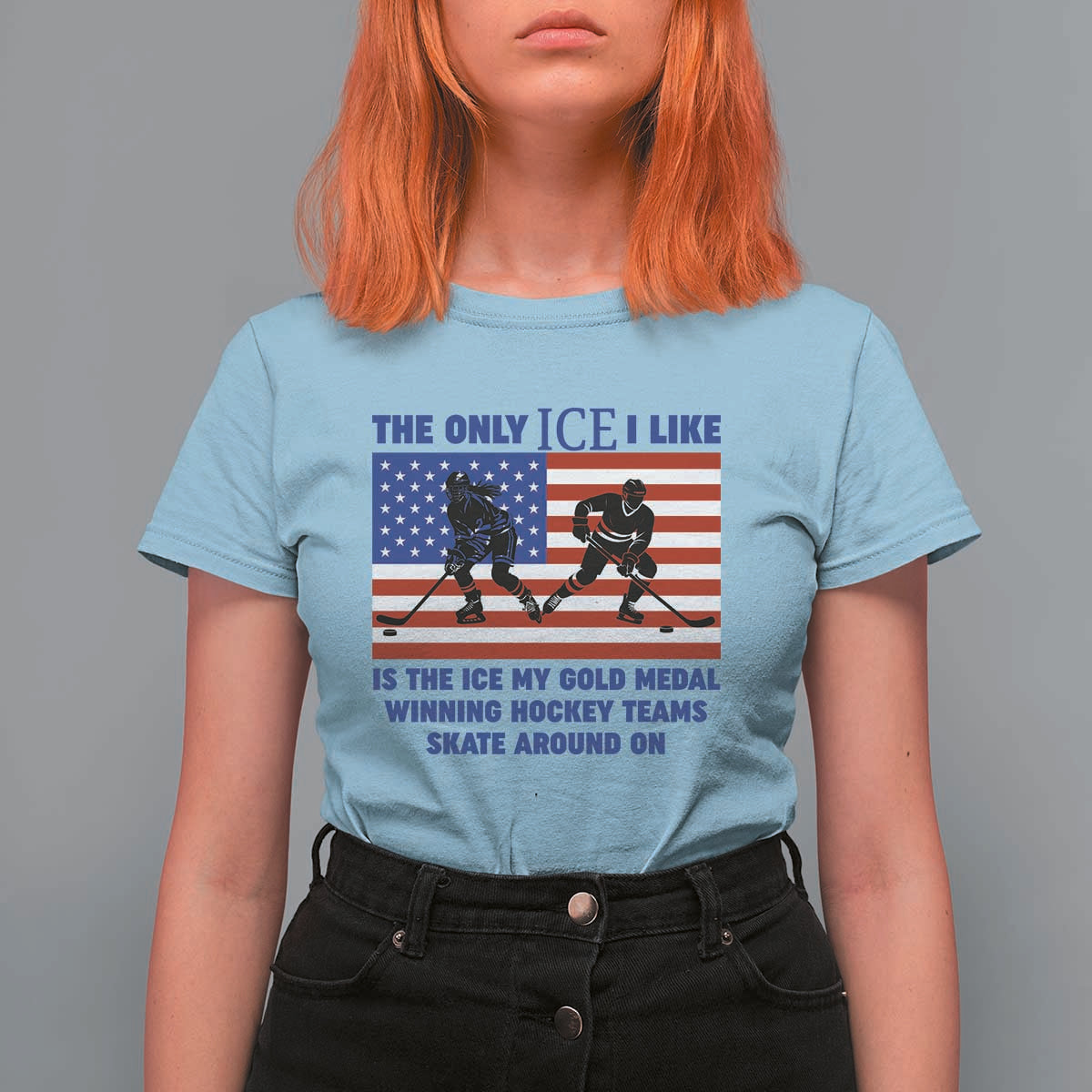 USA Gold Medal Hockey Patriotic American Flag T Shirt For Women The Only Ice I Like Champions