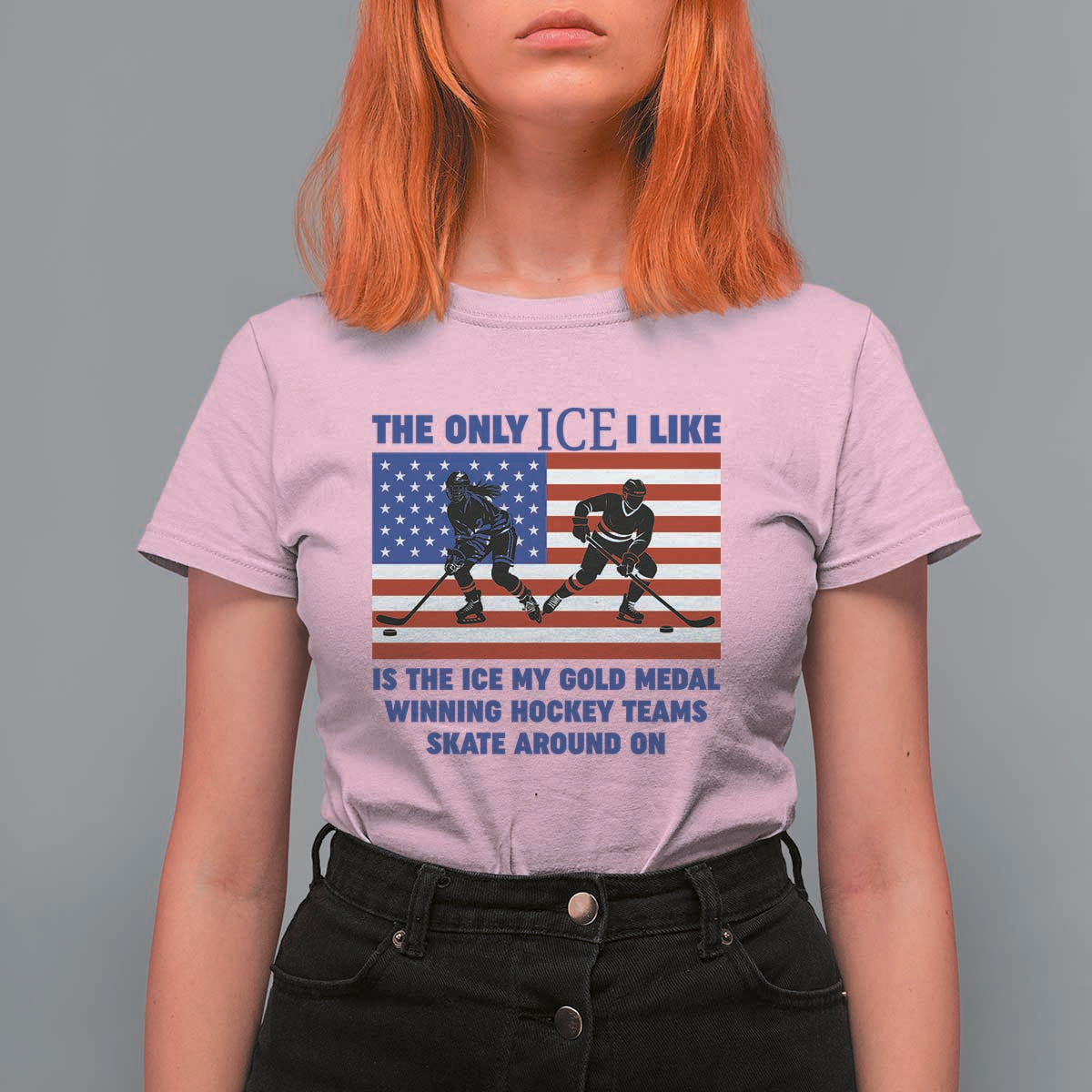 USA Gold Medal Hockey Patriotic American Flag T Shirt For Women The Only Ice I Like Champions