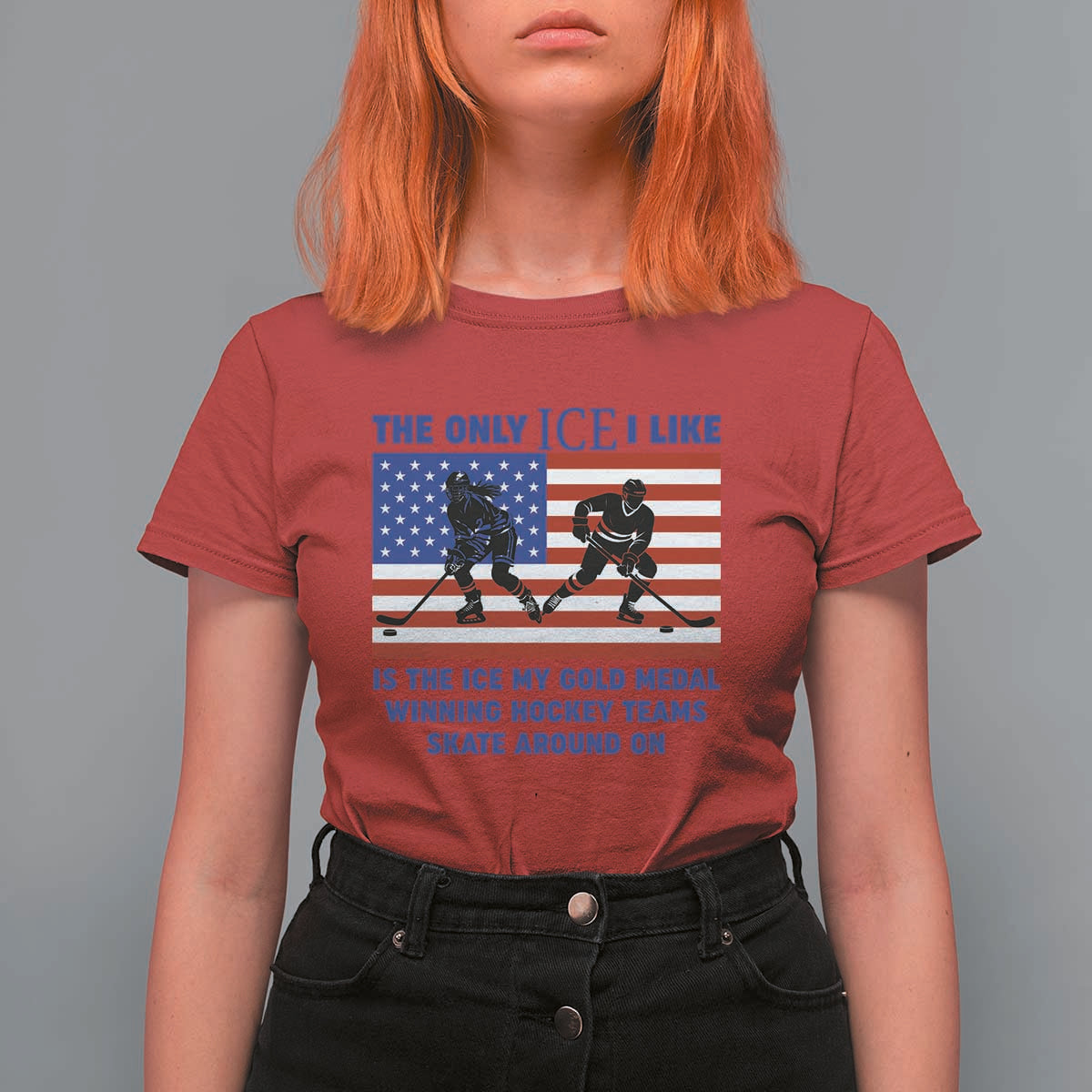USA Gold Medal Hockey Patriotic American Flag T Shirt For Women The Only Ice I Like Champions