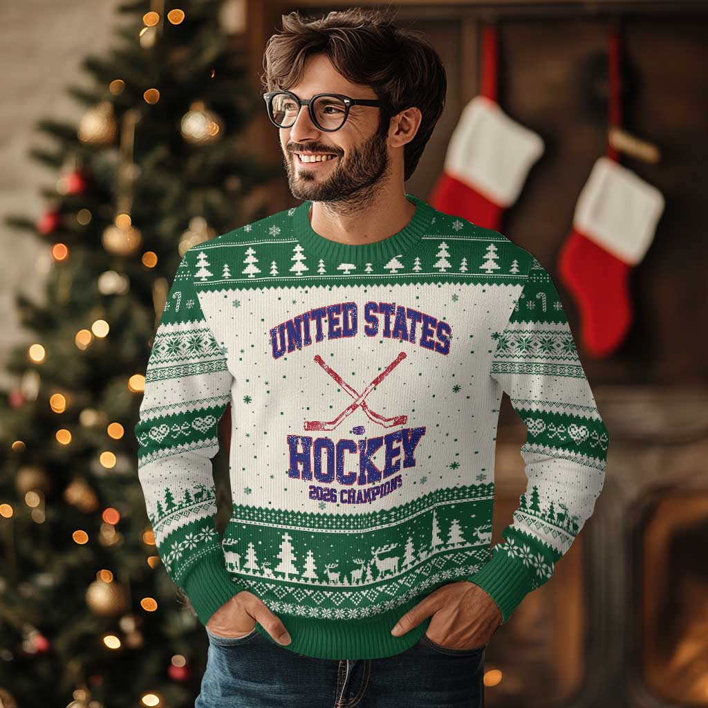 United States Hockey 2026 Champions Ugly Christmas Sweater Patriotic USA Ice Hockey Victory Fan