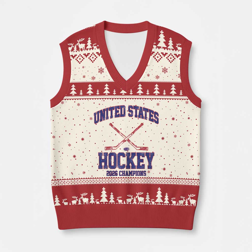 United States Hockey 2026 Champions V-Neck Knit Sweater Vest Patriotic USA Ice Hockey Victory Fan