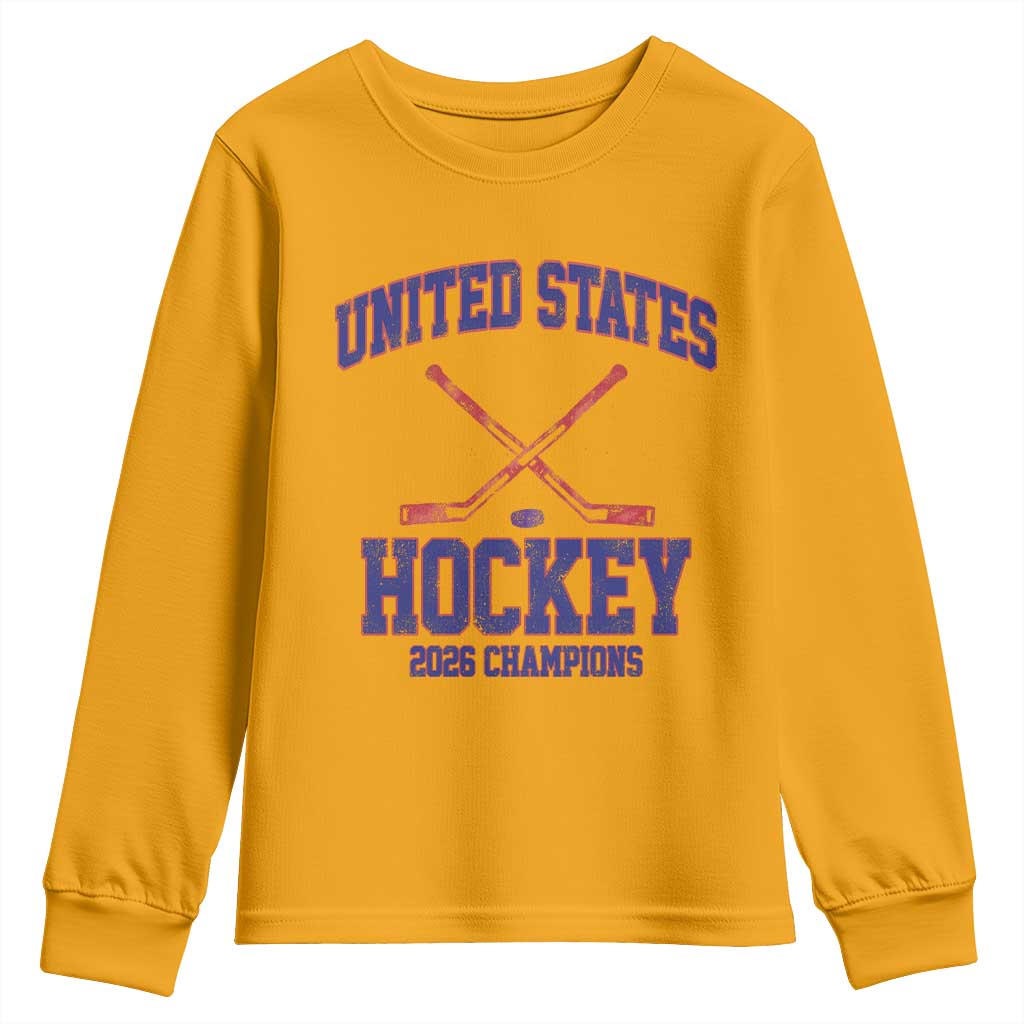 United States Hockey 2026 Champions Youth Sweatshirt Patriotic USA Ice Hockey Victory Fan