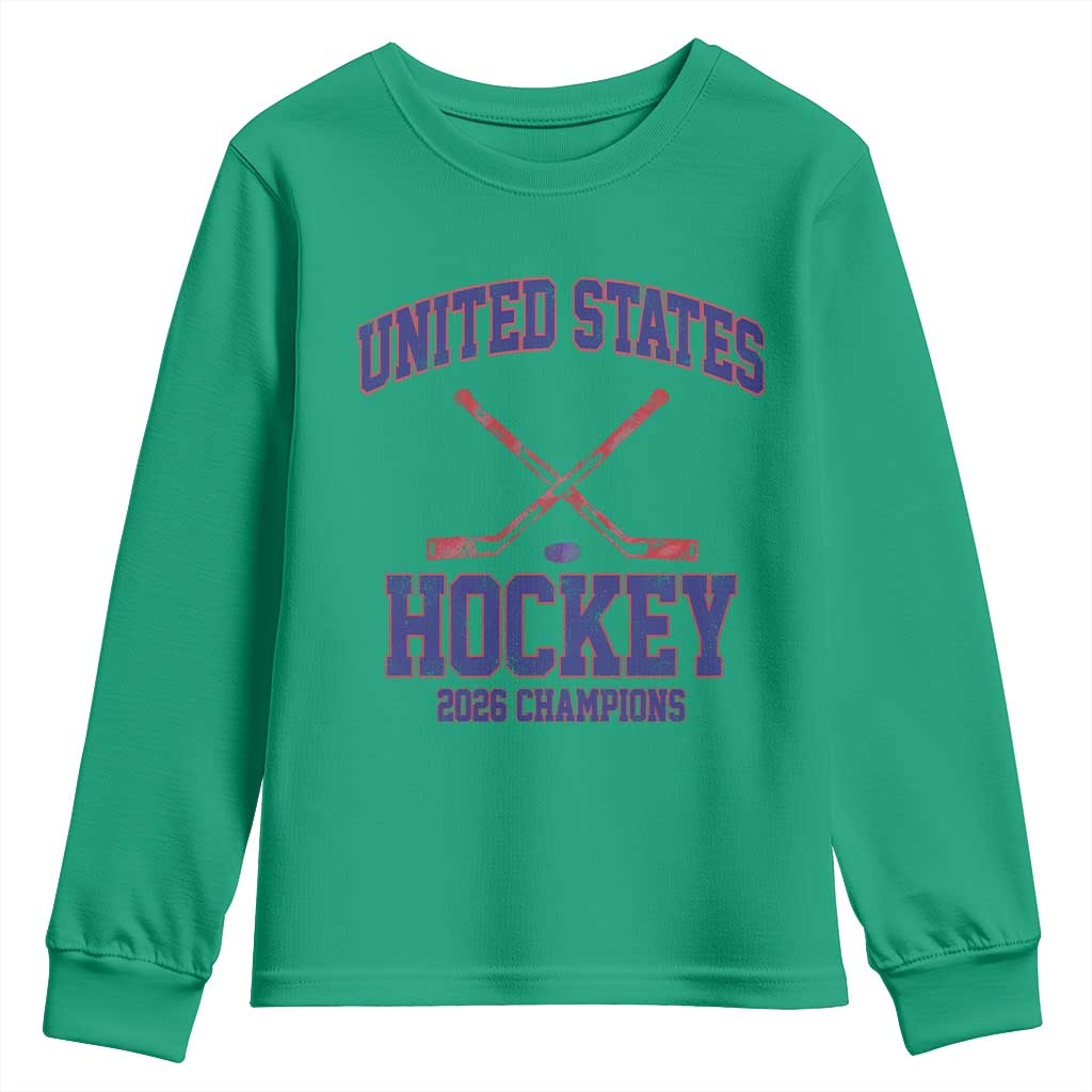 United States Hockey 2026 Champions Youth Sweatshirt Patriotic USA Ice Hockey Victory Fan
