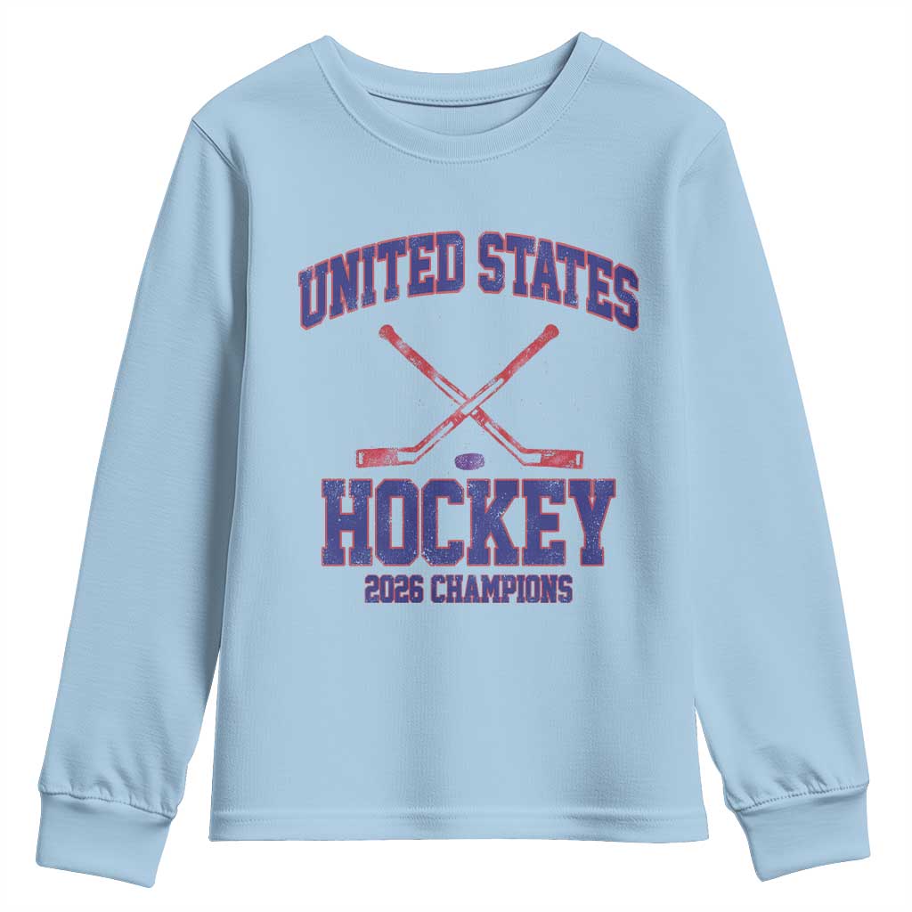 United States Hockey 2026 Champions Youth Sweatshirt Patriotic USA Ice Hockey Victory Fan