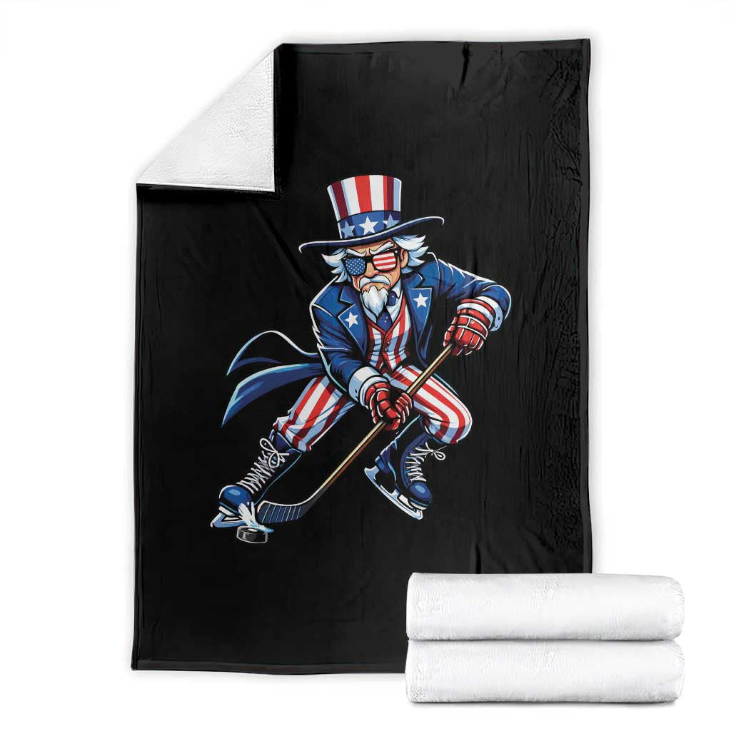 Uncle Sam Playing Hockey Patriotic Graphic Throw Blanket Funny USA Ice Hockey American Pride