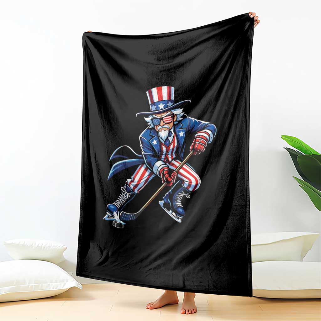 Uncle Sam Playing Hockey Patriotic Graphic Throw Blanket Funny USA Ice Hockey American Pride