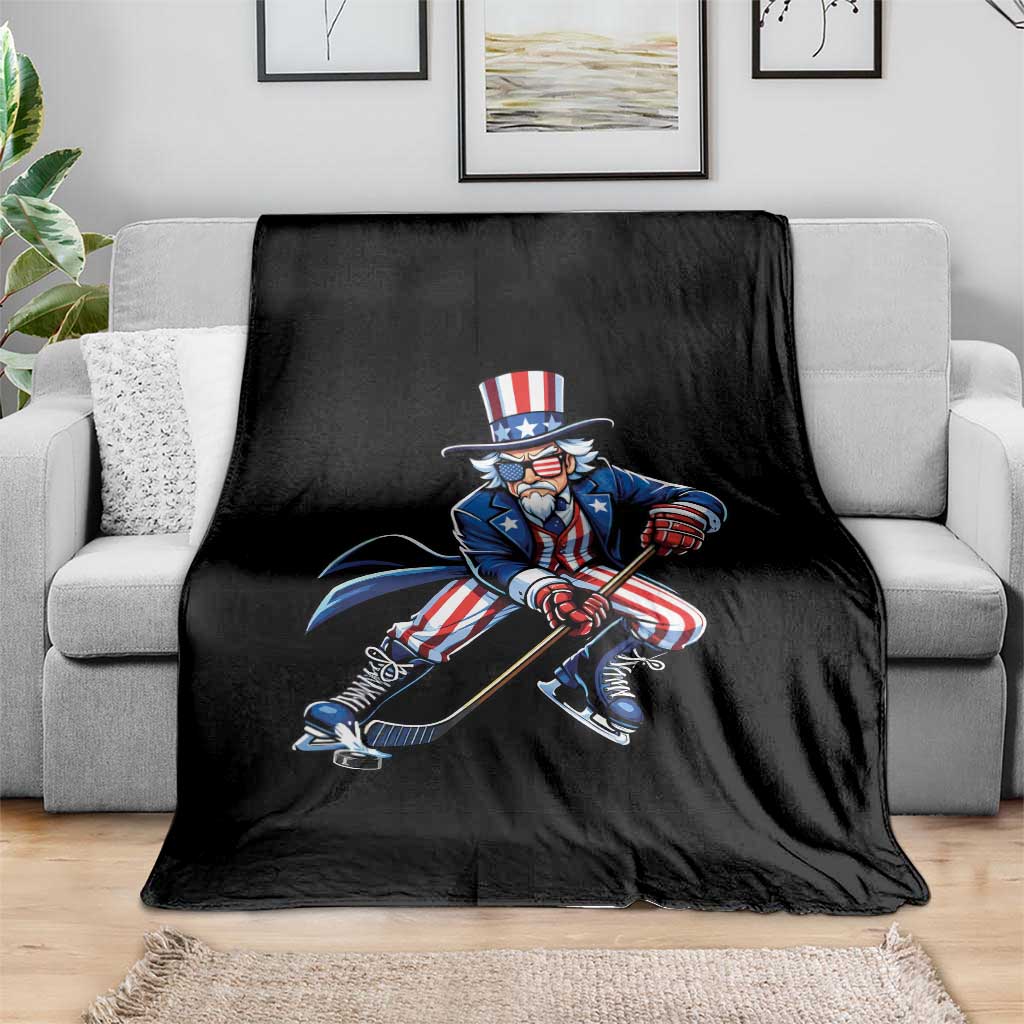 Uncle Sam Playing Hockey Patriotic Graphic Throw Blanket Funny USA Ice Hockey American Pride