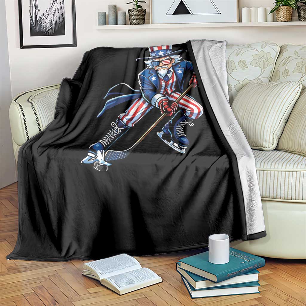 Uncle Sam Playing Hockey Patriotic Graphic Throw Blanket Funny USA Ice Hockey American Pride