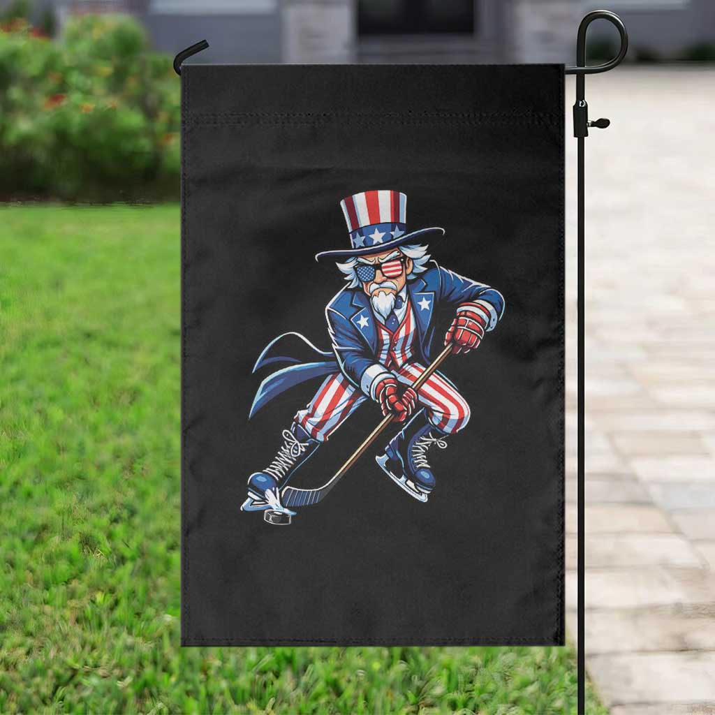 Uncle Sam Playing Hockey Patriotic Graphic Garden Flag Funny USA Ice Hockey American Pride