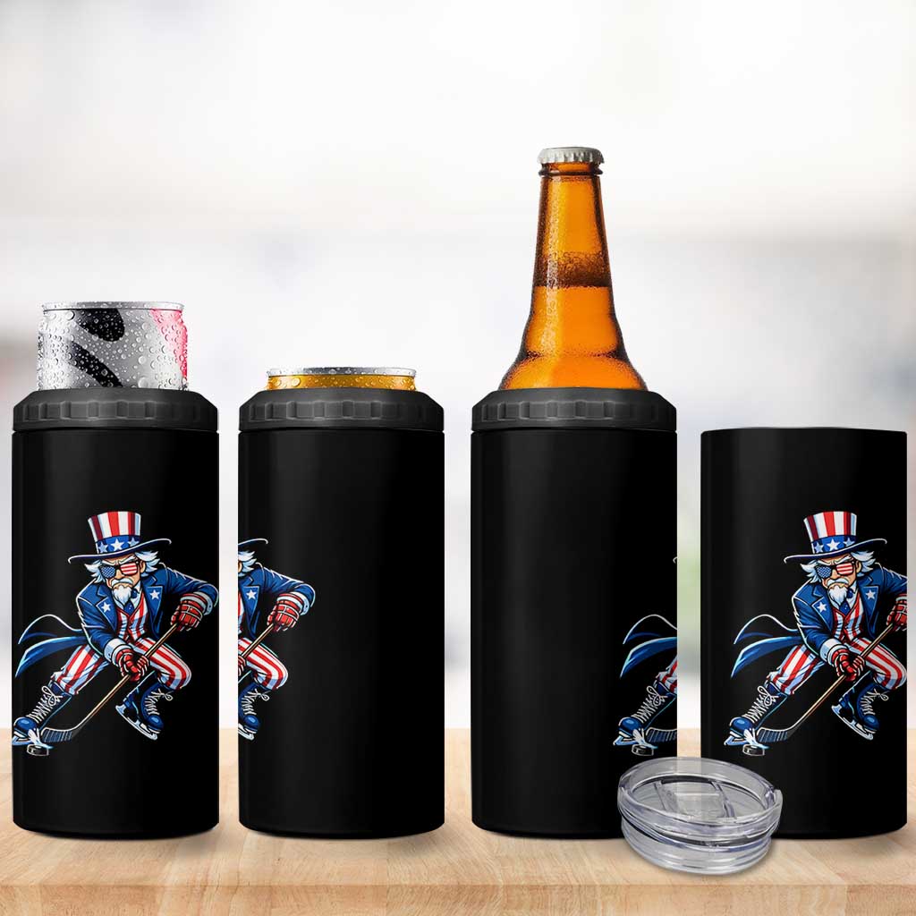 Uncle Sam Playing Hockey Patriotic Graphic 4 in 1 Can Cooler Tumbler Funny USA Ice Hockey American Pride