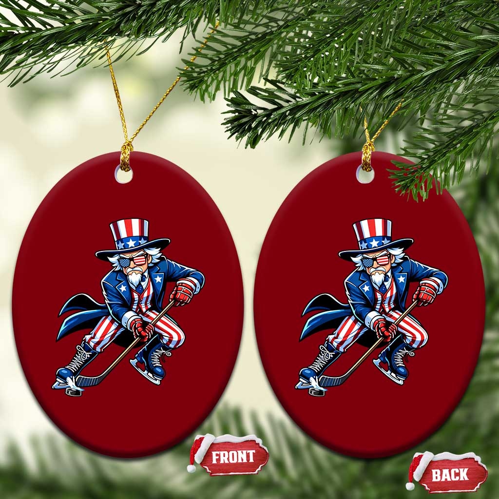 Uncle Sam Playing Hockey Patriotic Graphic Ceramic Ornament Funny USA Ice Hockey American Pride