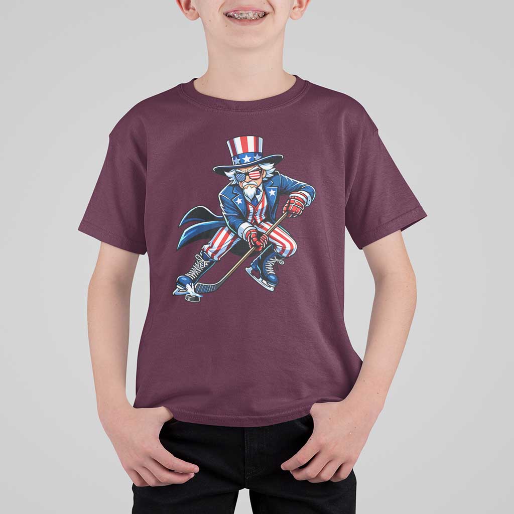 Uncle Sam Playing Hockey Patriotic Graphic T Shirt For Kid Funny USA Ice Hockey American Pride