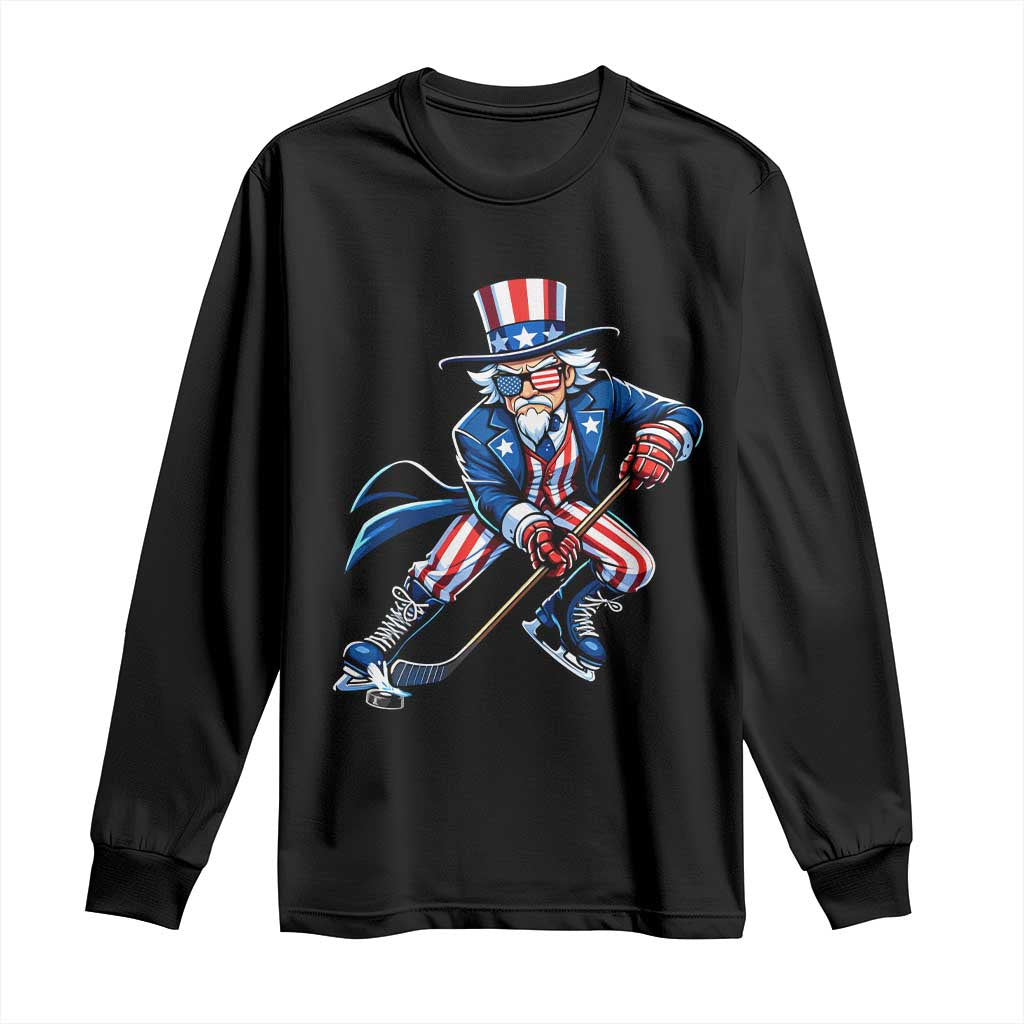 Uncle Sam Playing Hockey Patriotic Graphic Long Sleeve Shirt Funny USA Ice Hockey American Pride