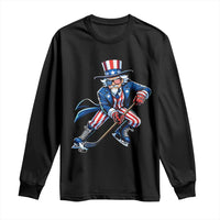 Uncle Sam Playing Hockey Patriotic Graphic Long Sleeve Shirt Funny USA Ice Hockey American Pride