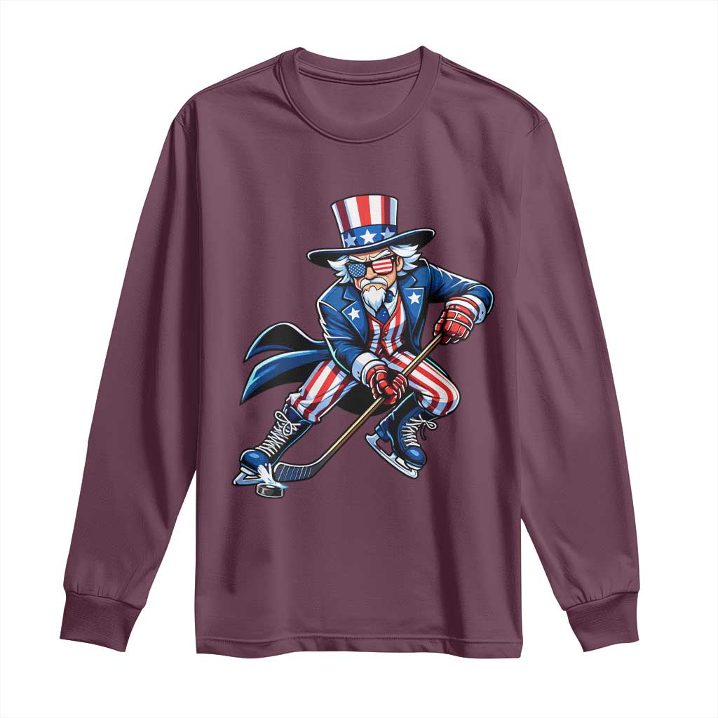 Uncle Sam Playing Hockey Patriotic Graphic Long Sleeve Shirt Funny USA Ice Hockey American Pride