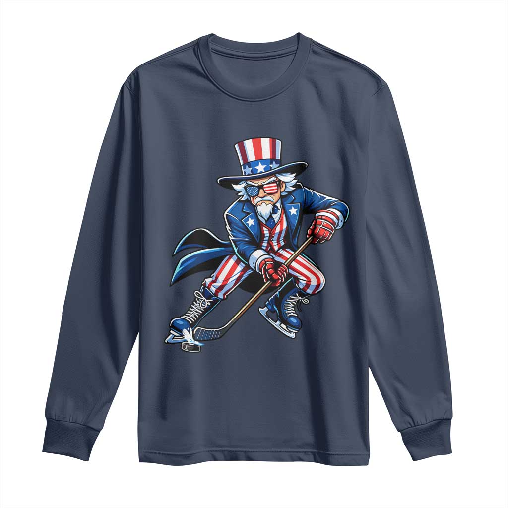 Uncle Sam Playing Hockey Patriotic Graphic Long Sleeve Shirt Funny USA Ice Hockey American Pride