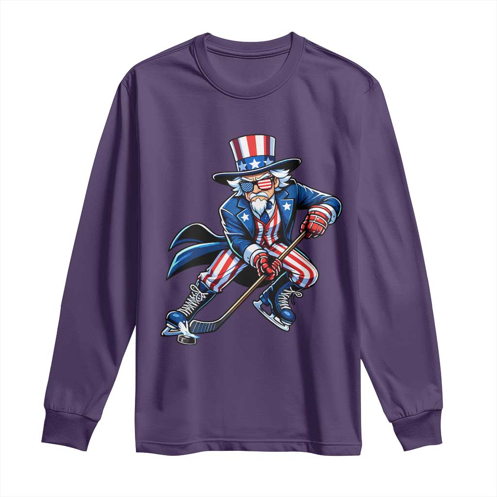 Uncle Sam Playing Hockey Patriotic Graphic Long Sleeve Shirt Funny USA Ice Hockey American Pride