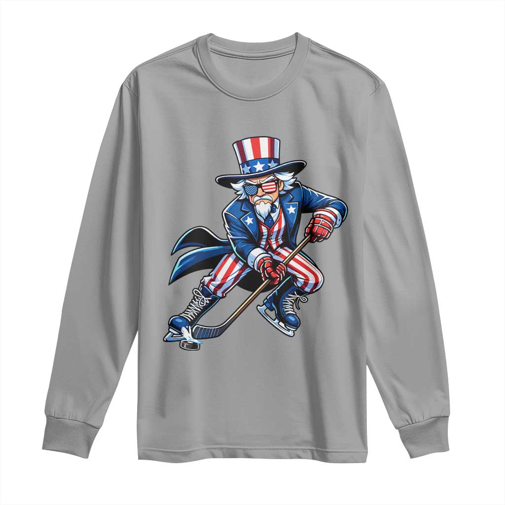Uncle Sam Playing Hockey Patriotic Graphic Long Sleeve Shirt Funny USA Ice Hockey American Pride