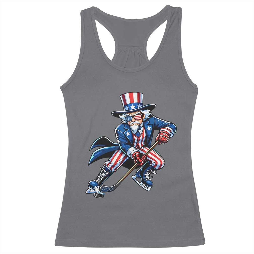 Uncle Sam Playing Hockey Patriotic Graphic Racerback Tank Top Funny USA Ice Hockey American Pride