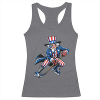 Uncle Sam Playing Hockey Patriotic Graphic Racerback Tank Top Funny USA Ice Hockey American Pride
