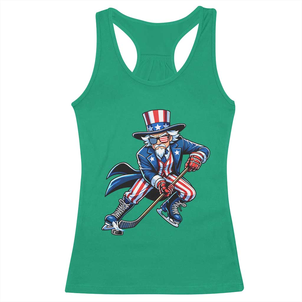 Uncle Sam Playing Hockey Patriotic Graphic Racerback Tank Top Funny USA Ice Hockey American Pride