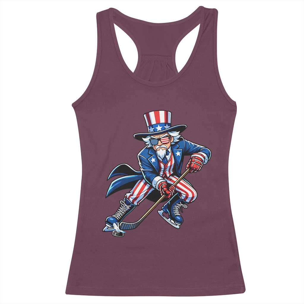 Uncle Sam Playing Hockey Patriotic Graphic Racerback Tank Top Funny USA Ice Hockey American Pride