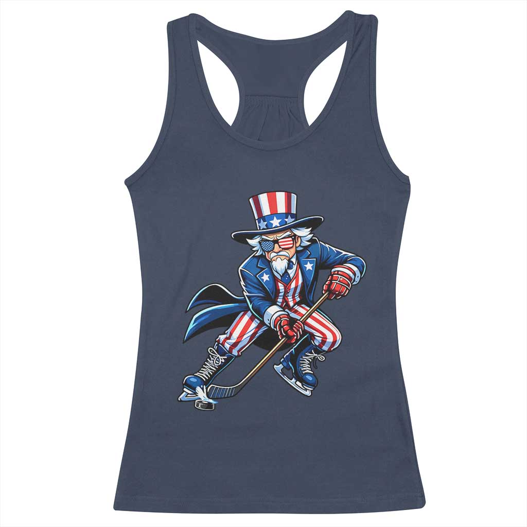Uncle Sam Playing Hockey Patriotic Graphic Racerback Tank Top Funny USA Ice Hockey American Pride