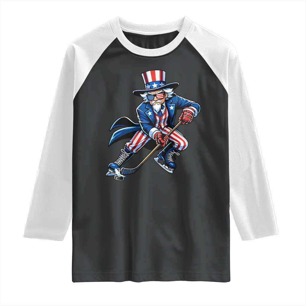 Uncle Sam Playing Hockey Patriotic Graphic Raglan Shirt Funny USA Ice Hockey American Pride