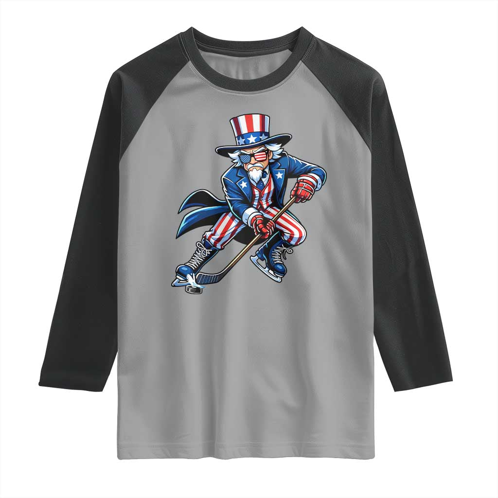 Uncle Sam Playing Hockey Patriotic Graphic Raglan Shirt Funny USA Ice Hockey American Pride