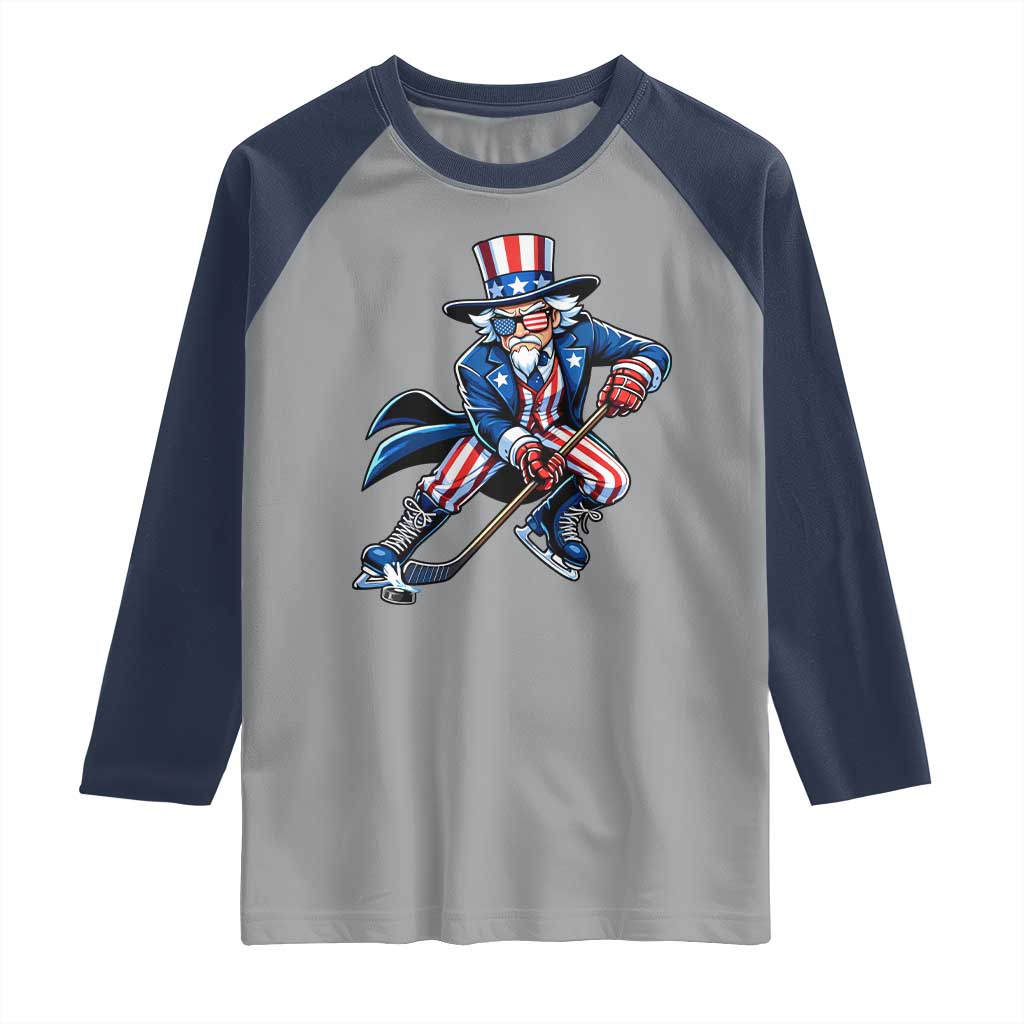Uncle Sam Playing Hockey Patriotic Graphic Raglan Shirt Funny USA Ice Hockey American Pride