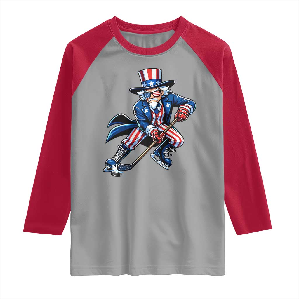 Uncle Sam Playing Hockey Patriotic Graphic Raglan Shirt Funny USA Ice Hockey American Pride