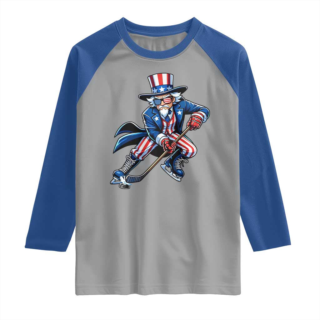 Uncle Sam Playing Hockey Patriotic Graphic Raglan Shirt Funny USA Ice Hockey American Pride