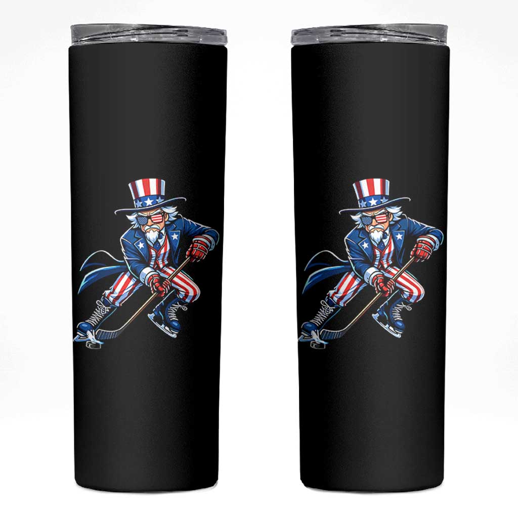 Uncle Sam Playing Hockey Patriotic Graphic Skinny Tumbler Funny USA Ice Hockey American Pride